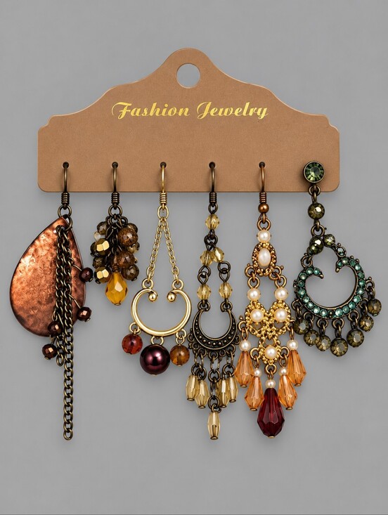 Vintage Jewelry - Vtg Set of Six Single Boho Gypsy Chandalier Dangle Hook Earrings